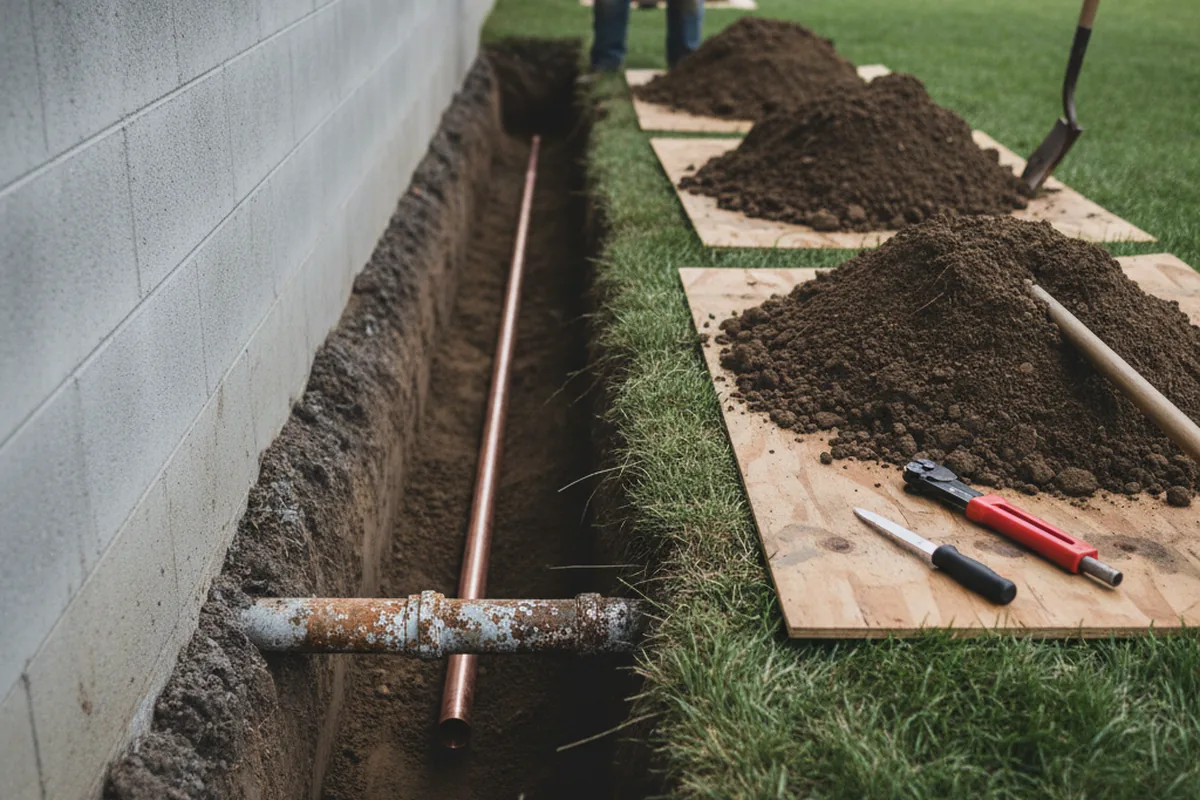 Excavated water line trench during Sewer Line Repair in Titus